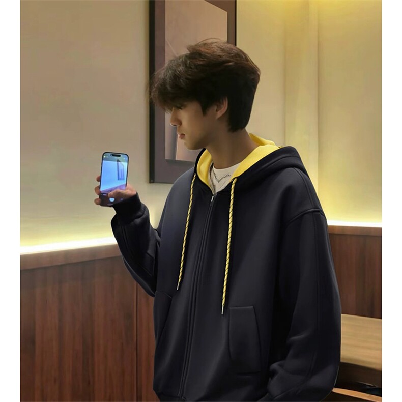 抖音得物二开美式高街重磅结构双层撞色连帽卫衣开衫外套W116,男装卫衣,电商A486