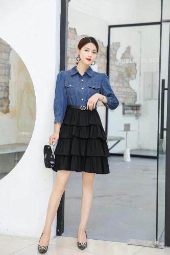 【秋季新款】时尚牛仔拼接连衣裙泡泡裙，女装连衣裙，笑思源