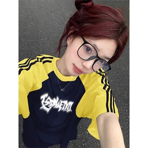 夏季美式高街重磅纯棉三条杠织带插肩撞色男女短袖T恤CZ161-特P25