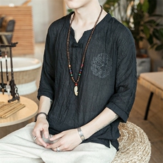 606P30咖啡厅2024春夏装新款v领仿亚麻风休闲宽松潮印花短袖，男装T恤，电商A026