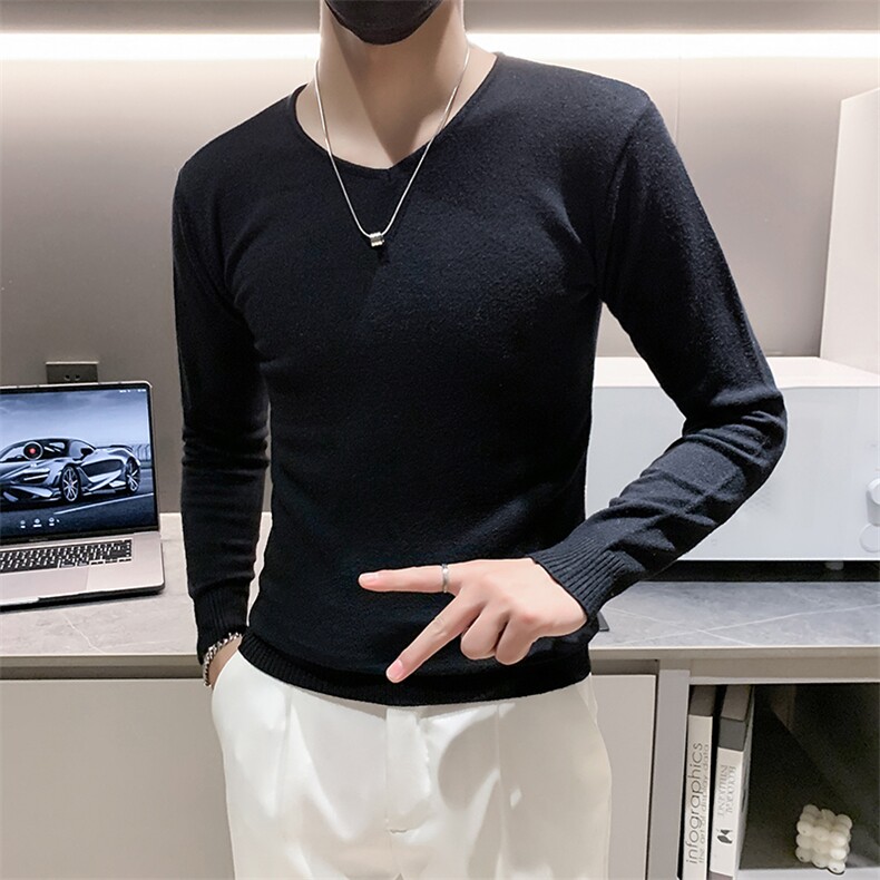 店主风秋冬新款V领套头长袖针织毛衣小伙打底衫301A-1/M55/P45图片
