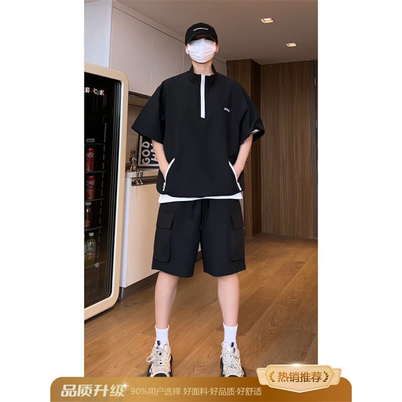 泡泡纱立领半拉链短袖polo衫男夏日穿搭一整套休闲速干运动套装潮，男装防晒衣，电商D315