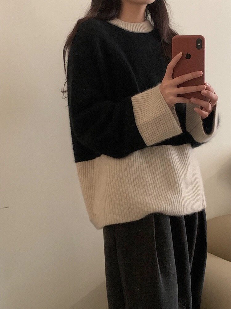 复古慵懒风毛衣女秋冬季宽松休闲撞色拼接针织衫上衣，女装羊毛衫，思途羊绒