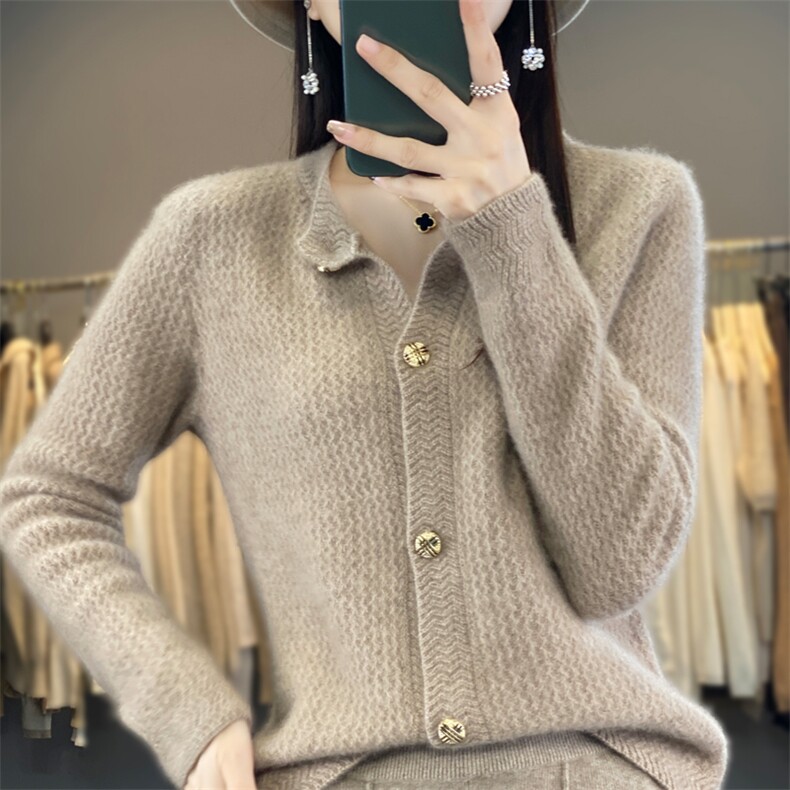 圆领提花100%纯羊毛开衫女秋冬款长袖针织毛衣外套宽松羊绒衫上衣,女装羊毛衫,迅太羊绒