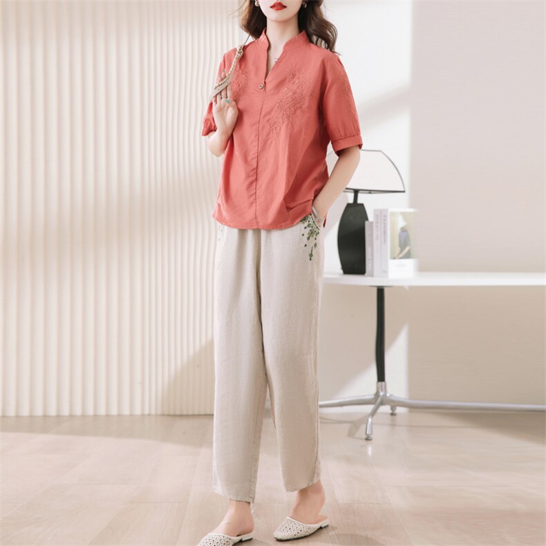 棉麻套装女2023夏季新款宽松休闲中年妈妈洋气减龄刺绣亚麻两件套，女装套装/套裙，涵誉