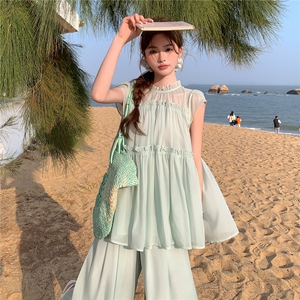 水衣源2729款纯色木耳边荷叶袖A字小衫阔腿裤冰爽套装女夏图片