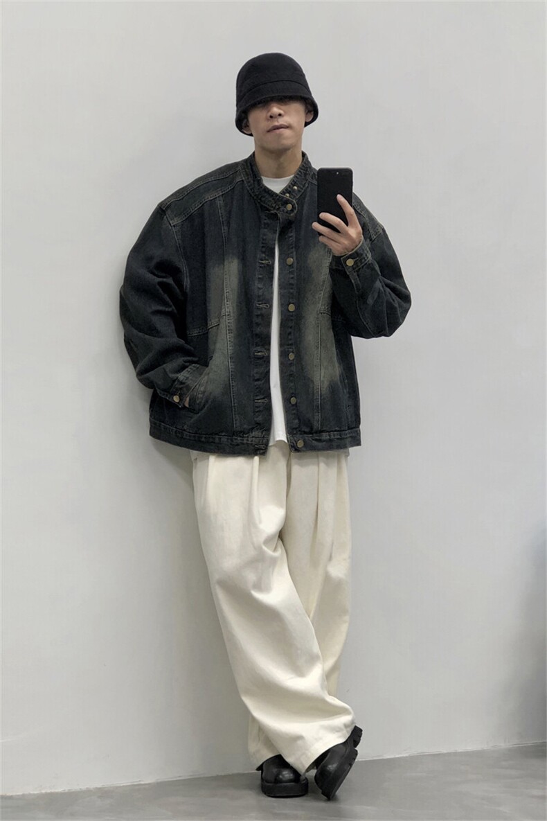 春秋日系复古做旧水洗立领牛仔男潮牌单排扣美式休闲宽松夹克上衣,男装夹克,星座505-2（原电商A260-1)