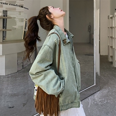 绿色休闲高级感牛仔外套女短款2025秋季新款宽松时尚翻领做旧夹克，女装短外套，2C050