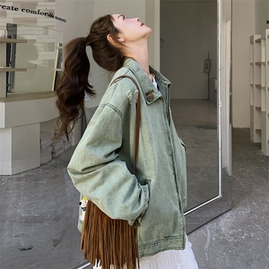 绿色休闲高级感牛仔外套女短款2025秋季新款宽松时尚翻领做旧夹克图片