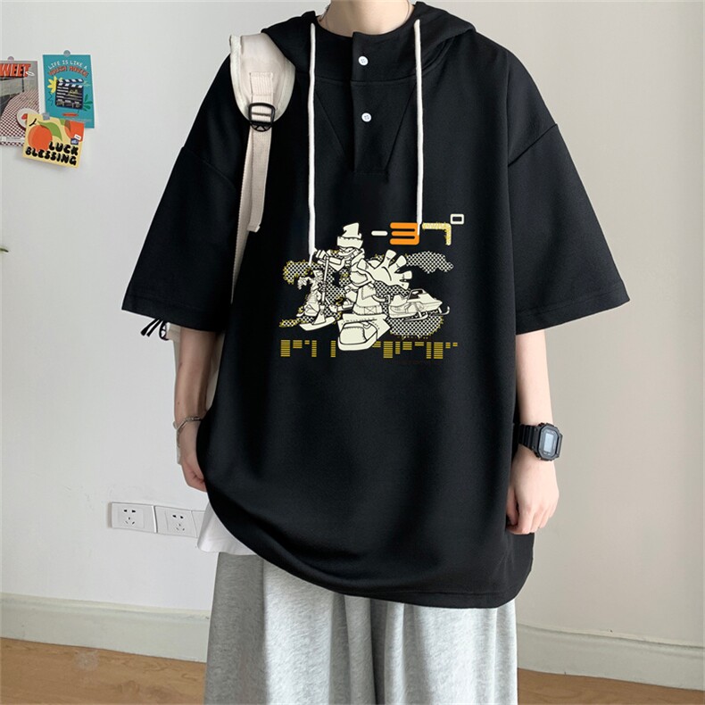 夏季港风冰丝宽松连帽短袖t恤五分体恤上衣TLM3823-P40控58,男装T恤,电商B370