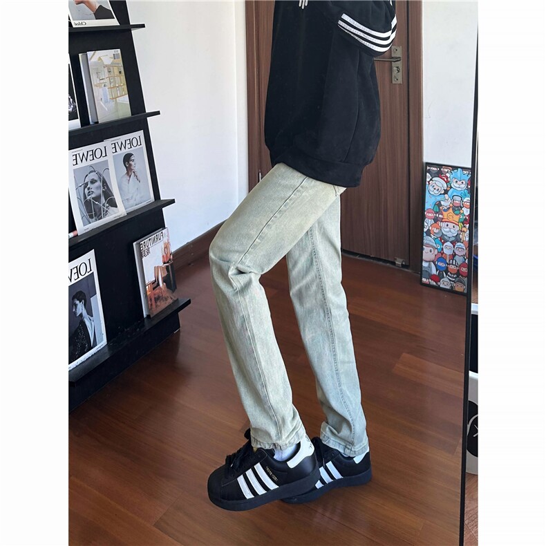 得物现货品质复古蓝修身弹力直筒牛仔裤图片