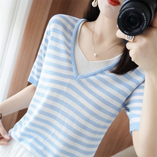 假两件条纹拼色短袖女V领针织冰丝半袖夏季新款冰麻宽松大码T恤衫，女装T恤，秋虹羊绒