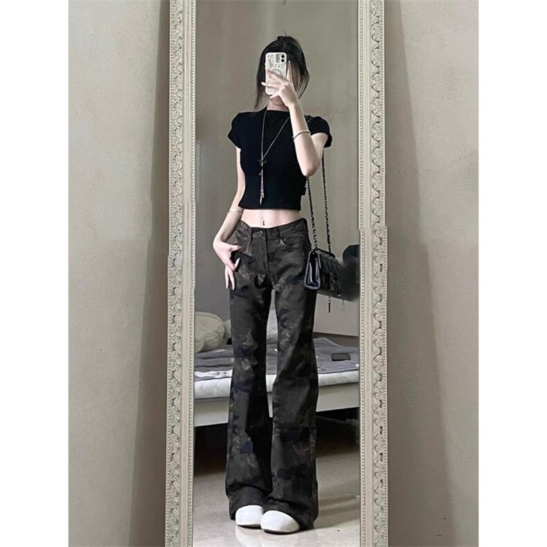 美式复古迷彩工装微喇牛仔裤女喇叭裤拖地裤子KZ144-P45，男装牛仔裤，星座308B-2