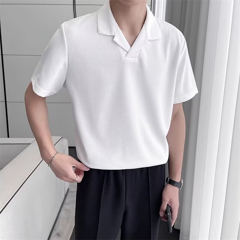 潮流轻熟风古巴领polo衫男短袖夏季西装内搭翻领薄款华夫格T恤潮,男装Polo衫,星座506A