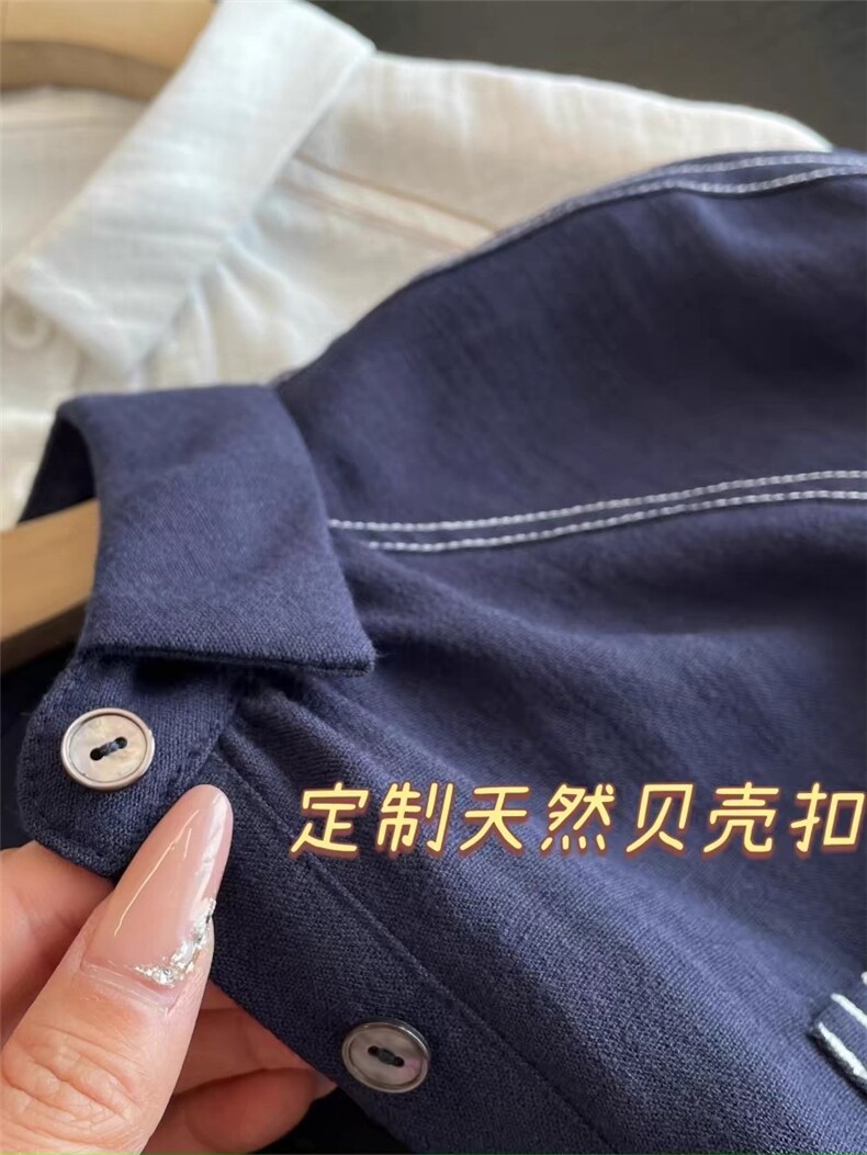 明线撞色小翻领透气亚麻舒适长袖衬衫,女装衬衫,湘姗