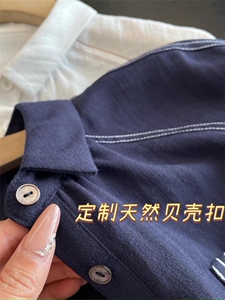 明线撞色小翻领透气亚麻舒适长袖衬衫图片
