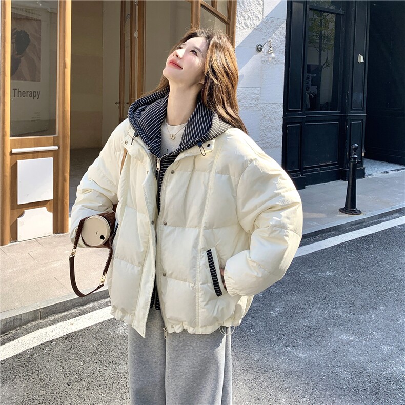 设计感假两件条纹连帽羽绒服女冬季宽松加厚面包服保暖外套,女装羽绒服,维壹