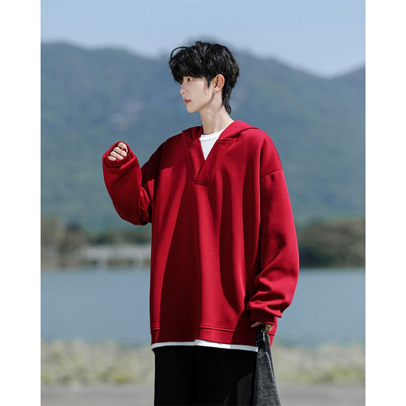8XL-M叠穿假两件卫衣重磅连帽V领拼接套头衫宽松大码外套WY006P65,男装卫衣,电商B312