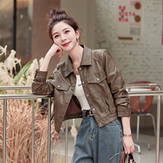 复古皮衣女短款时尚小个子春秋新款2025水洗机车服皮夹克上衣外套，女装皮衣，缘衣格