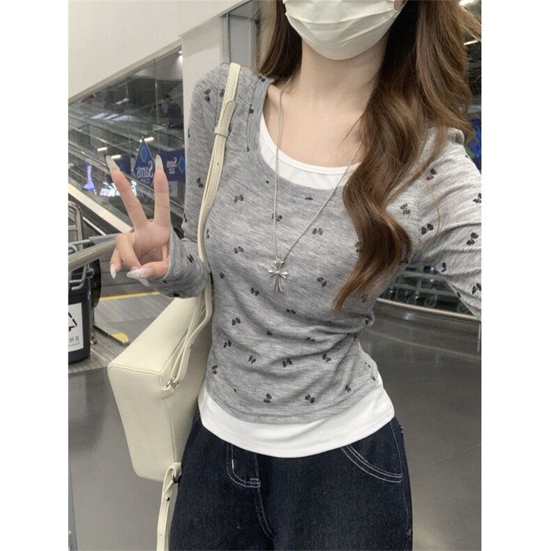 韩系甜辣妹蝴蝶假两件长袖t恤女夏季2025新款设计感小众早秋上衣,男装T恤,星座506A