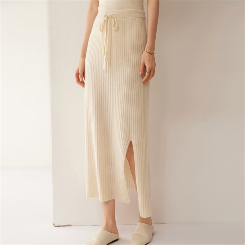 优雅女士半身裙10%秋冬简约高腰显瘦开叉设计，女装半身裙，昭美羊绒