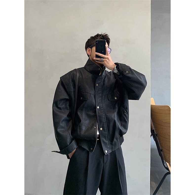 痞帅Pu皮衣潮牌双拉链垫肩皮夹克男机车服高街外套513APY2503P72,男装皮衣,星座513A