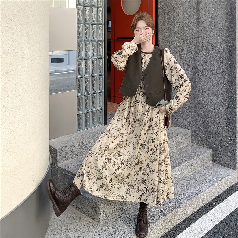 韩系复古碎花连衣裙套装女2025秋季新款高级感气质马甲长裙两件套图片