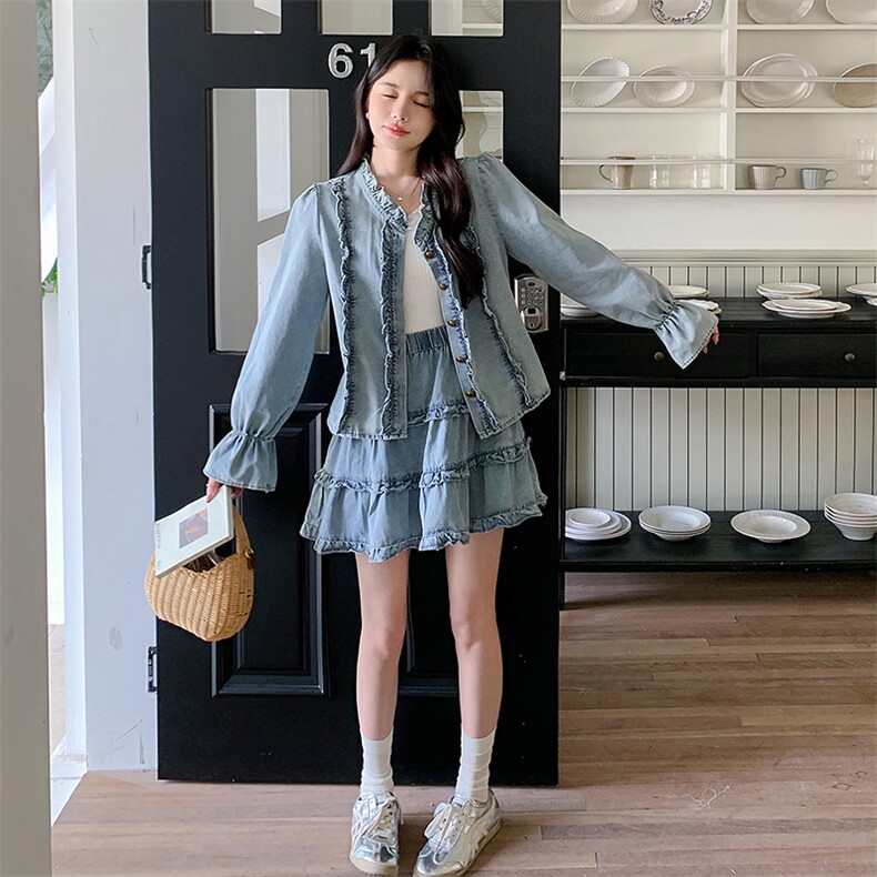 木耳边拼接减龄牛仔套装女2025年春秋季新款显瘦上衣半身裙两件套,女装套装/套裙,2D148