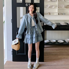 木耳边拼接减龄牛仔套装女2025年春秋季新款显瘦上衣半身裙两件套，女装套装/套裙，2D148