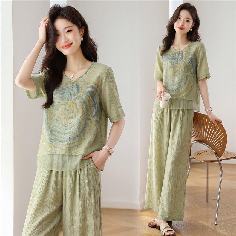 现货2026年夏季优雅风简约淑女出游聚会印花洋气女套装两件套，女装套装/套裙，木橙西子