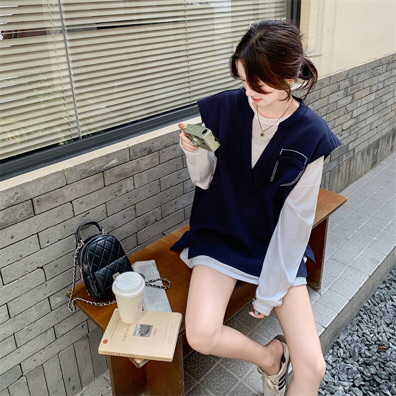 今年流行藏青色休闲套装女早秋2025新款慵懒风百搭马甲短裤三件套,女装套装/套裙,韩蜜菓