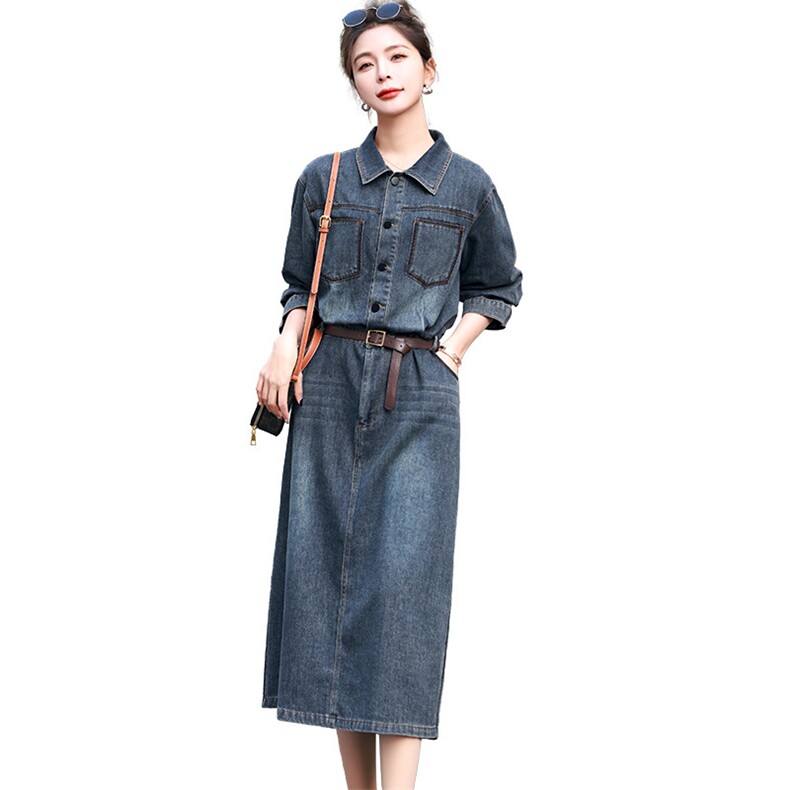时尚减龄牛仔裙衬衫领收腰舒适棉牛仔长裙连衣裙女秋款,女装连衣裙,丽影随形