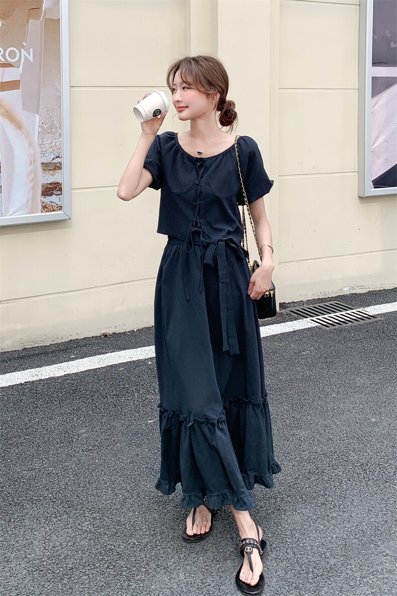 时尚显瘦套装裙女2025夏季新款韩版设计感泡泡袖上衣半身裙两件套,女装套装/套裙,2C206
