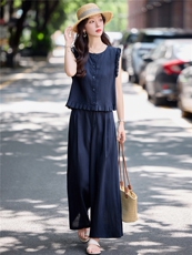 2026新款天丝亚麻短袖藏青色衬衫直筒休闲裤两件套洋气时尚女套装，女装衬衫，梦懿尔