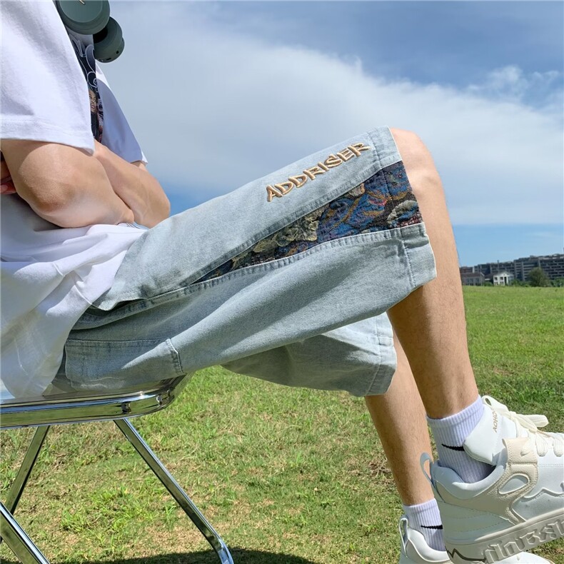 刺绣拼接牛仔短裤男款宽松直筒痞帅裤子夏季潮牌高街五分裤,男装牛仔裤,星座410-7