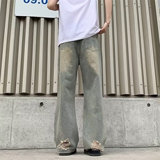 高街做旧废土色破洞牛仔裤男女复古小众直筒乞丐长裤RK3111-P42，男装牛仔裤，星座412-1