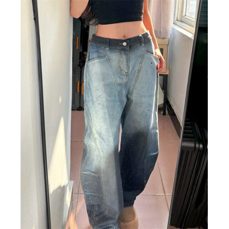 美式高街直筒牛仔裤男女新款复古宽松高腰显瘦阔腿拖地裤子-AK097,男装牛仔裤,星座601-1