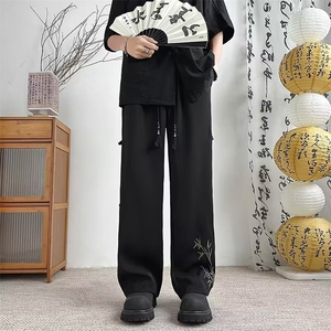 风新中式裤子男女夏季新款刺绣冰丝休闲裤大码黑色长裤~Q5788图片