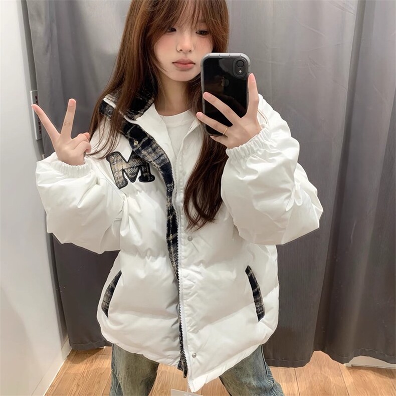1506/QJK1010/P72假两件美式复古格子拼接刺绣棉衣图片
