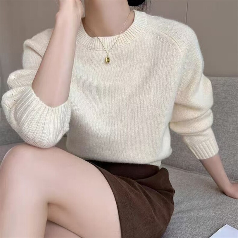 时尚百搭纯色圆领羊毛衫羊毛保暖显瘦修身长袖毛衣,女装羊毛衫,旭驰羊绒