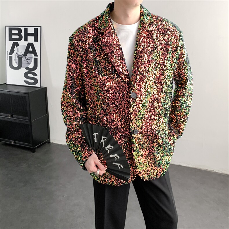 春装2026闪闪亮珠片彩色晚会年会舞台装男演出服西装夜店歌手外套,男装西服套装,星座909