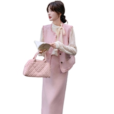 粉色小香风马甲套装裙女春秋三件套超火爆款漂亮流行气质高级感，女装套装/套裙，纯色衣恋