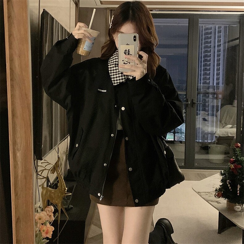 C959-P1002025新款黑色美式格子翻领外套春秋季宽松夹克棒球服,男装夹克,星座911-2(原星座613-2）