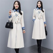 毛呢外套女中长款2024春秋新款时尚复古风刺绣收腰显瘦呢子大衣潮图片