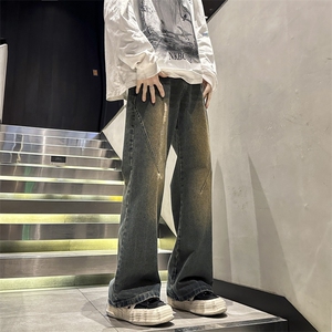 美式复古牛仔裤男秋冬潮牌高街宽松情侣水洗阔腿直筒裤70227-p43图片