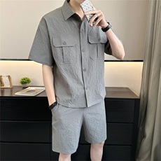 2025夏季冰丝短袖短裤透气褶皱两件套运动休闲套装2716-P95，男装牛仔裤，电商A413