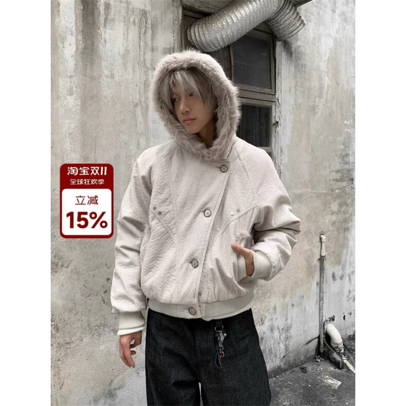 美式高街棉服男款冬季加厚连帽毛领外套痞帅夹克棉衣,男装夹克,四季星座505
