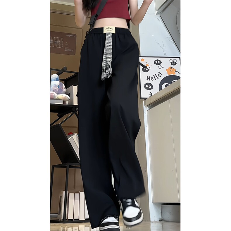 X2415-TP35控价58 夏季冰丝裤美式休闲裤个性腰带直筒垂感长裤女图片