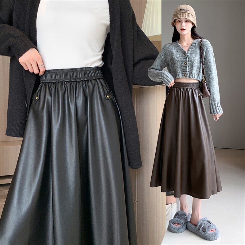 咖色PU皮裙半身裙女松紧腰遮胯a字大摆裙气质垂感长裙秋冬裙，女装半身裙，梦白服饰厂