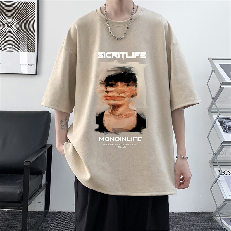 欧美街头潮牌hiphop短袖t恤男麂皮绒高克重磅oversize宽松七分袖图片
